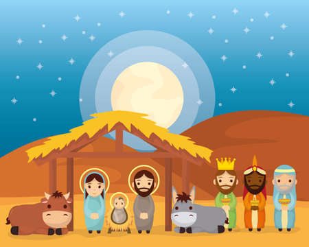 celebration merry christmas manger stable family magicians kings and animals vector illustrationのイラスト素材