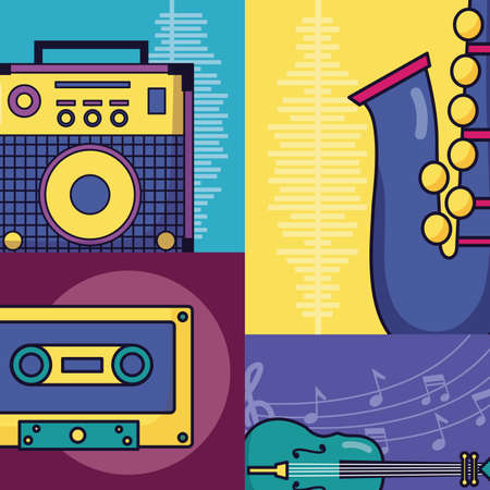 sound amplifier cassette saxophone fiddle festival music poster vector illustrationのイラスト素材