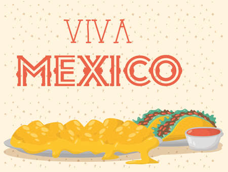 viva mexico celebration with food and sauces vector illustration designのイラスト素材