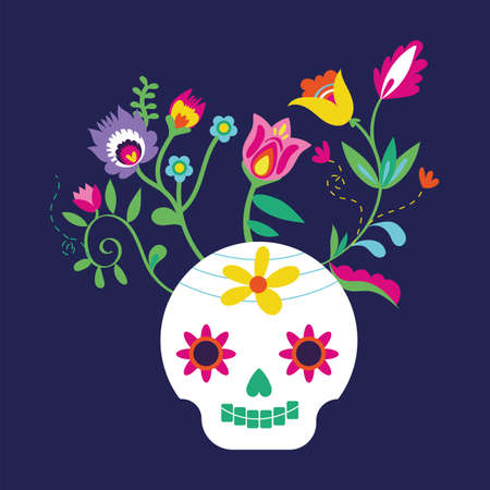 dia de los muertos card with skull and flowers vector illustration designのイラスト素材