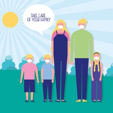 parents couple with kids using face masks vector illustration designのイラスト素材