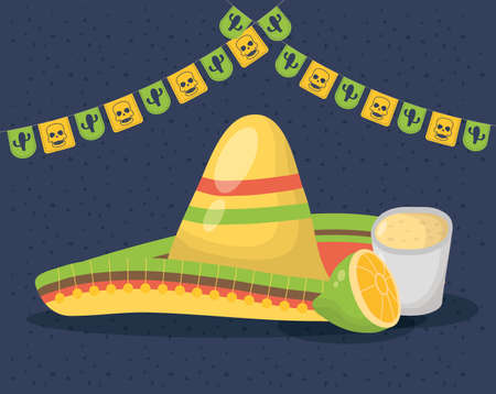 viva mexico celebration with traditional hat vector illustration designのイラスト素材