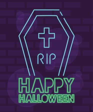 happy halloween lettering in neon light with coffin vector illustration designのイラスト素材
