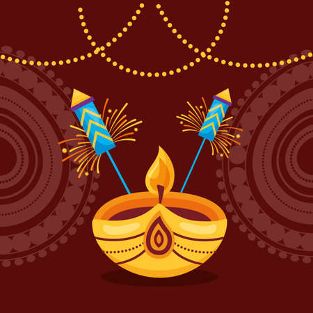 gold diya and fireworks light happy diwali festival poster vector illustrationのイラスト素材