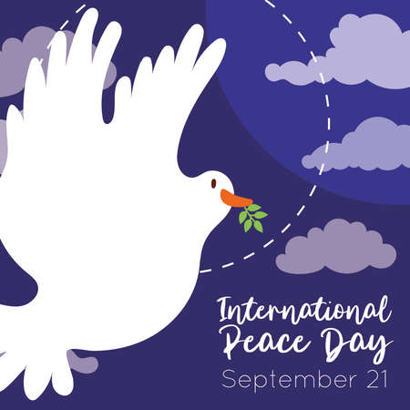 International Day of Peace lettering with dove flying in sky vector illustration designのイラスト素材