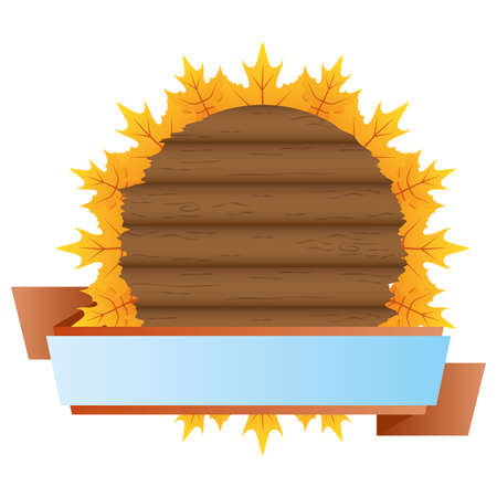 autumn circular wooden frame with leafs and ribbon vector illustration designのイラスト素材