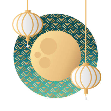 mid autumn festival moon and lanterns hanging vector illustration designのイラスト素材