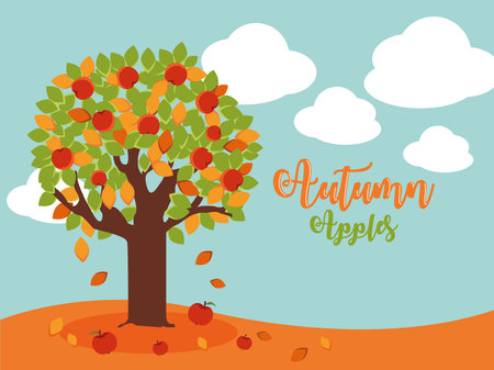 poster autumn with tree of apples vector illustration designのイラスト素材