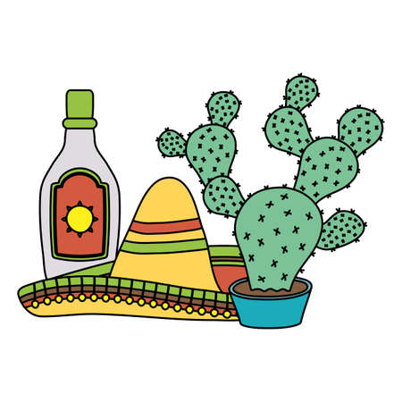 cactus mexican with traditional hat and tequila bottle vector illustration designのイラスト素材