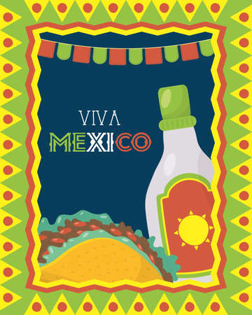 viva mexico celebration with taco and tequila bottle vector illustration designのイラスト素材