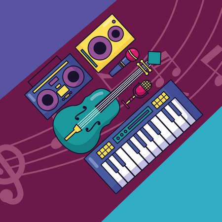 synthesizer fiddle boombox stereo speaker and microphone festival music poster vector illustrationのイラスト素材