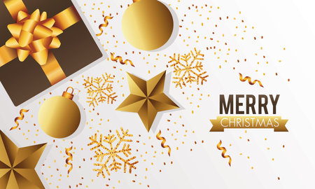 happy merry christmas celebration with balls and golden gift vector illustration designのイラスト素材