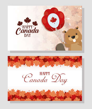 happy canada day with maple leafs and beaver vector illustration designのイラスト素材