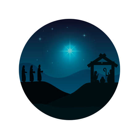 family and animals with wize men manger silhouettes vector illustration designのイラスト素材
