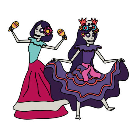 mexican katrinas skulls playing maracas comic characters vector illustration designのイラスト素材