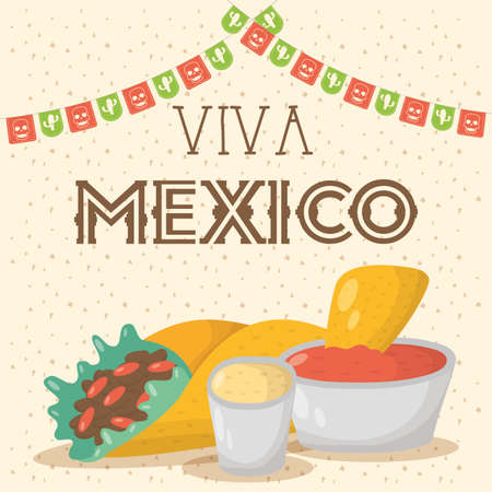 viva mexico celebration with food and sauces vector illustration designのイラスト素材