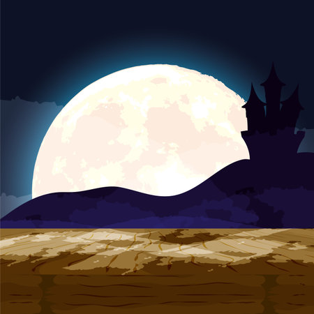 halloween dark night scene with castle vector illustration designのイラスト素材