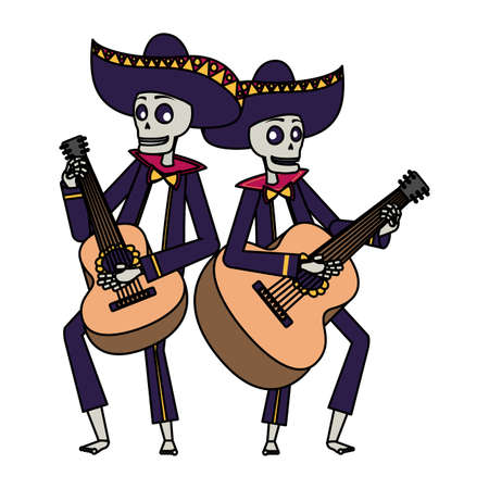mexican mariachis skulls playing guitars characters vector illustration designのイラスト素材