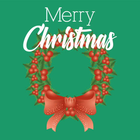 happy merry christmas card with wreath crown and bow vector illustration designのイラスト素材