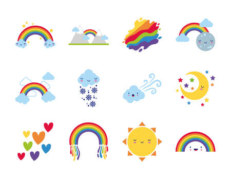 bundle of twelve rainbows and kawaii characters icons vector illustration designのイラスト素材