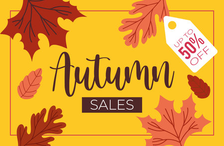 autumn sale poster with lettering and half price tag vector illustration design