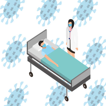 female doctor with face mask with patient in stretcher vector illustration designのイラスト素材