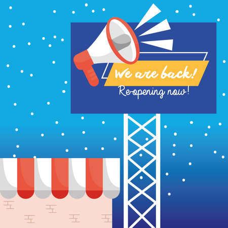 we are back re opening lettering in label with megaphone and store facade vector illustration designのイラスト素材