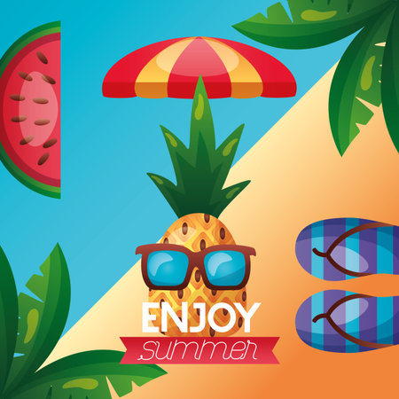summer time holiday enjoy pineapple flip flops umbrella watermelon vector illustration