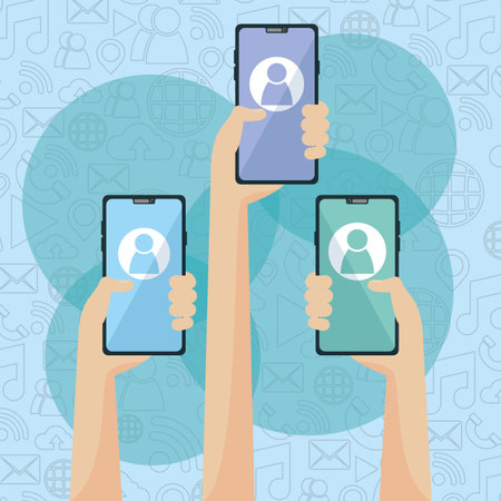 hands with smartphone social network media design vector illustrationのイラスト素材