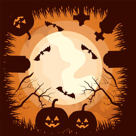 halloween dark scene with pumpkins vector illustration designのイラスト素材