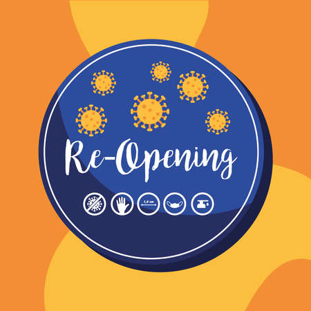 re opening lettering with covid19 particles and prevention protocols signals vector illustration designのイラスト素材