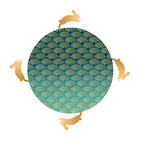 mid autumn festival with waves in circular frame and rabbits vector illustration designのイラスト素材