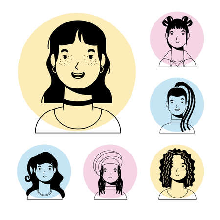 young woman female and interracial girls characters vector line style designのイラスト素材
