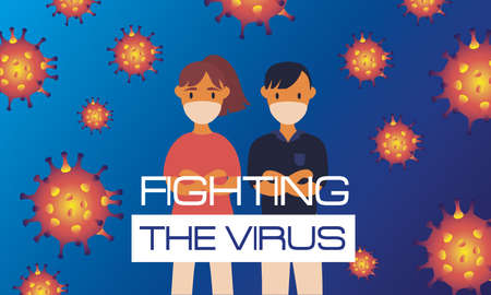 corona virus second wave poster with particles and couple wearing medical masks vector illustration designのイラスト素材