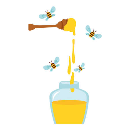honey in wooden spoon with bees flying and bottle vector illustration designのイラスト素材