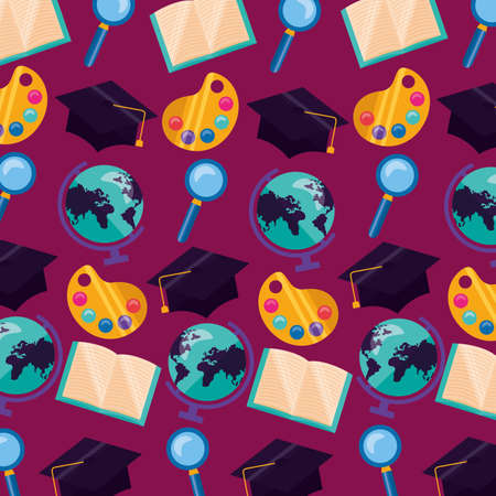 back to school graduation hat map color palette magnifier background vector illustrationのイラスト素材