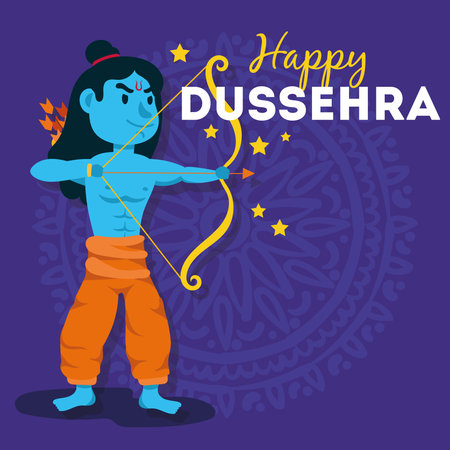 happy dussehra celebration with lord rama blue character in purple background vector illustration...