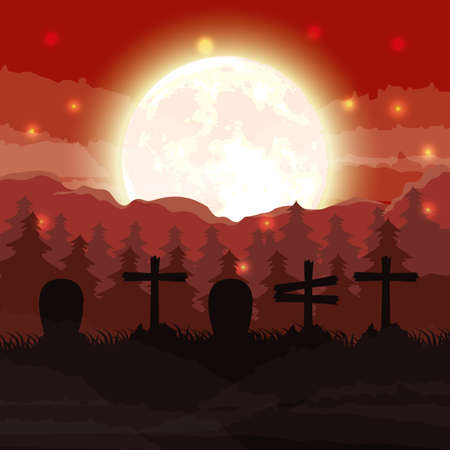 halloween dark cemetery night scene vector illustration designのイラスト素材