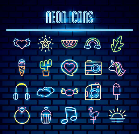 bundle of neon lights set icons vector illustration designのイラスト素材