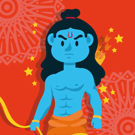 happy dussehra celebration with lord rama blue character in red background vector illustration designのイラスト素材