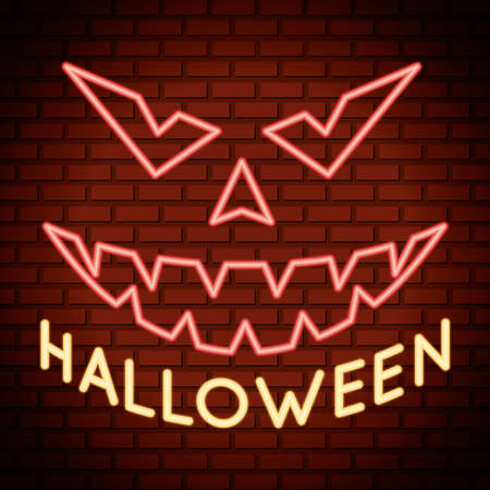 halloween lettering in neon light with pumpkin face vector illustration designのイラスト素材