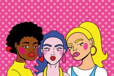young interracial women friends pop art style vector illustration design