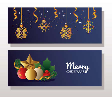 happy merry christmas celebration with balls and golden snowflakes hanging vector illustration designのイラスト素材