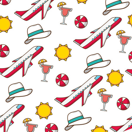 beach vacations background airplane ball hat cocktail sun vector illustration