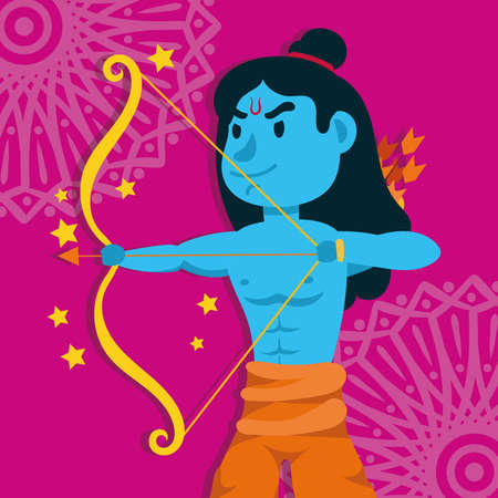 happy dussehra celebration with lord rama blue character in pink background vector illustration designのイラスト素材