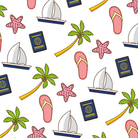 beach vacations background boat palm sandals starfish passport vector illustration