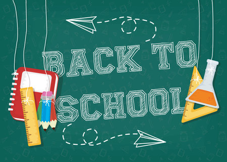 back to school card with supplies and chalkboard vector illustration design