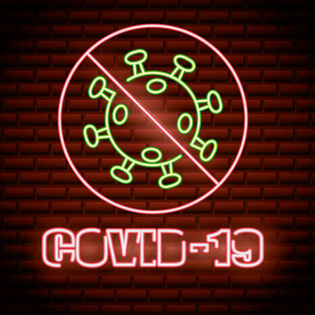 stop covid19 particle neon light label vector illustration designのイラスト素材