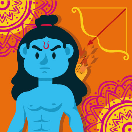 happy dussehra celebration with lord rama blue character in orange background vector illustration...