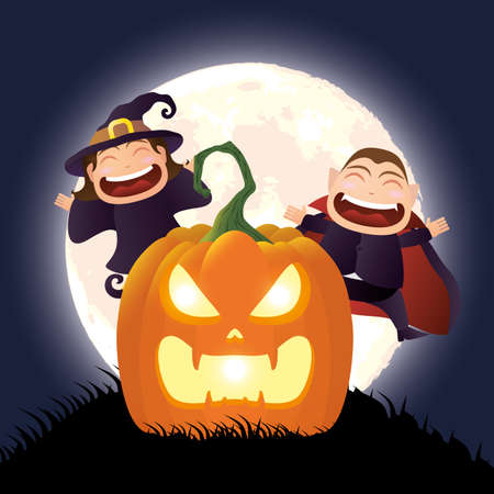 halloween dark scene with kid disguised of dracula and witch vector illustration designのイラスト素材